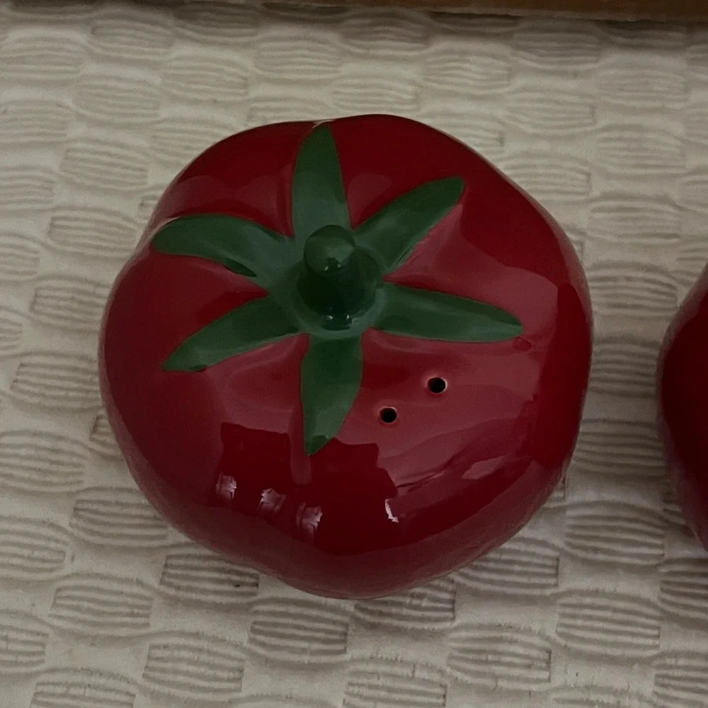 Vintage Red Tomato Salt and Pepper Shakers Ceramic Kitsch Cottagecore Decor Set